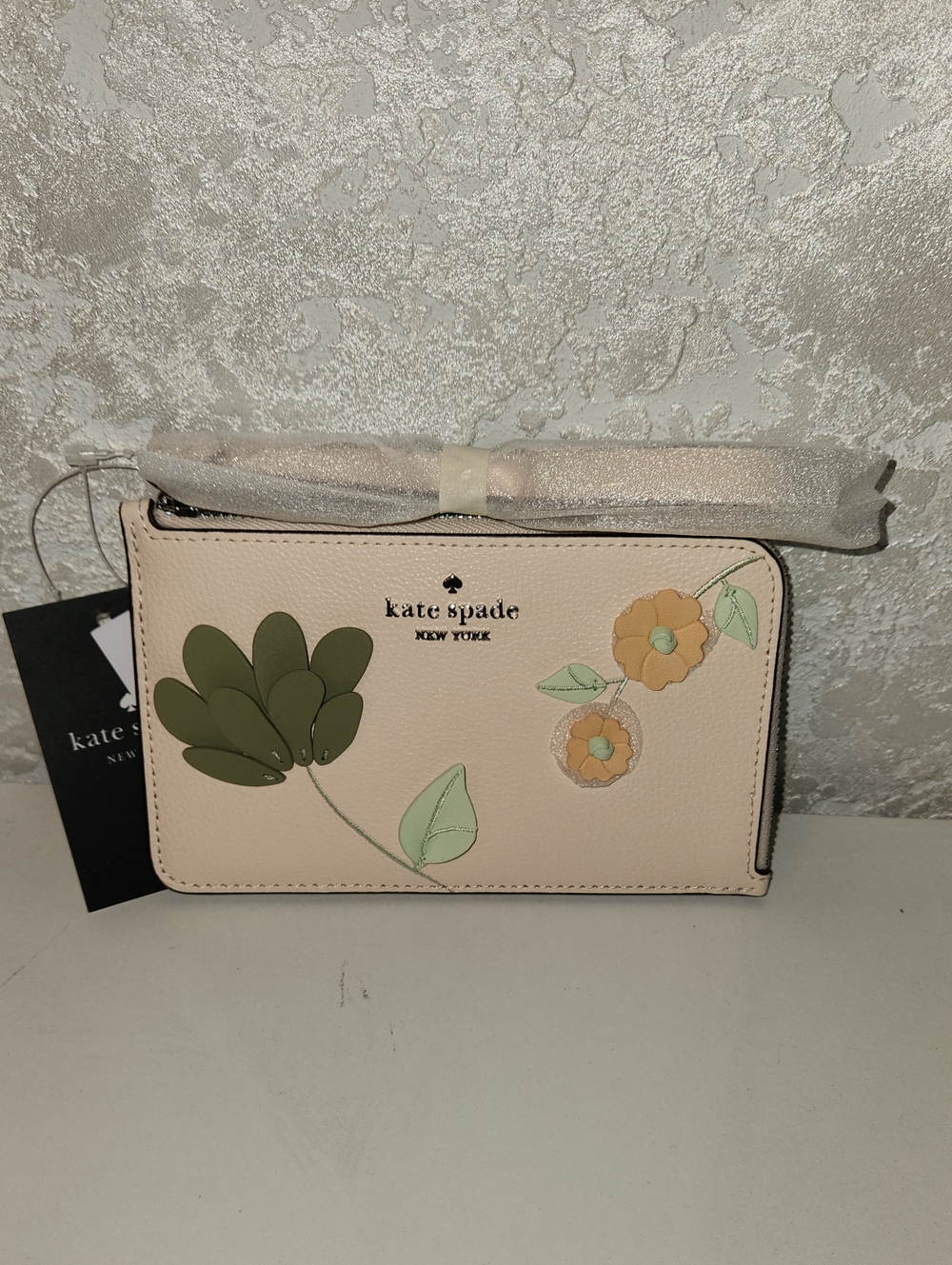 kate spade Blush Floral Wristlet with Olive and Peach Appliqué